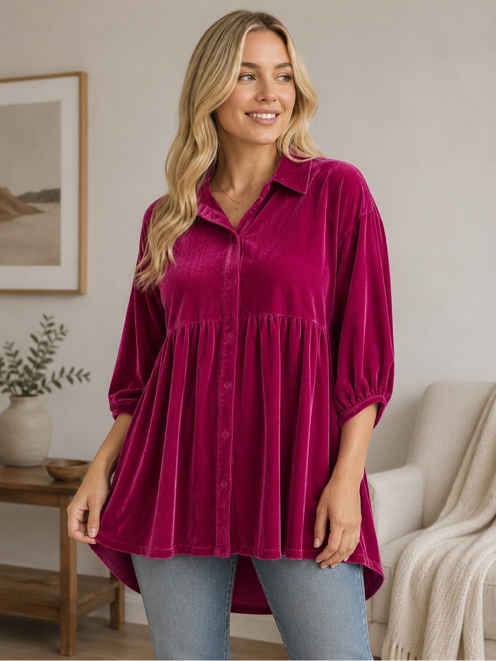Magenta Velvet Button-Up Babydoll Tunic Top Size Small Crushed Velvet NWOT